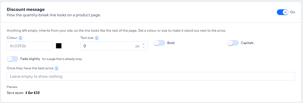 Settings for how the quantity-break line looks, with a preview reading “Save more: 4 for £10”