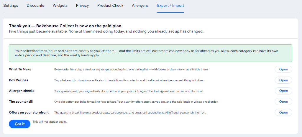 After upgrading: five features now available, and a note that nothing already set up has changed