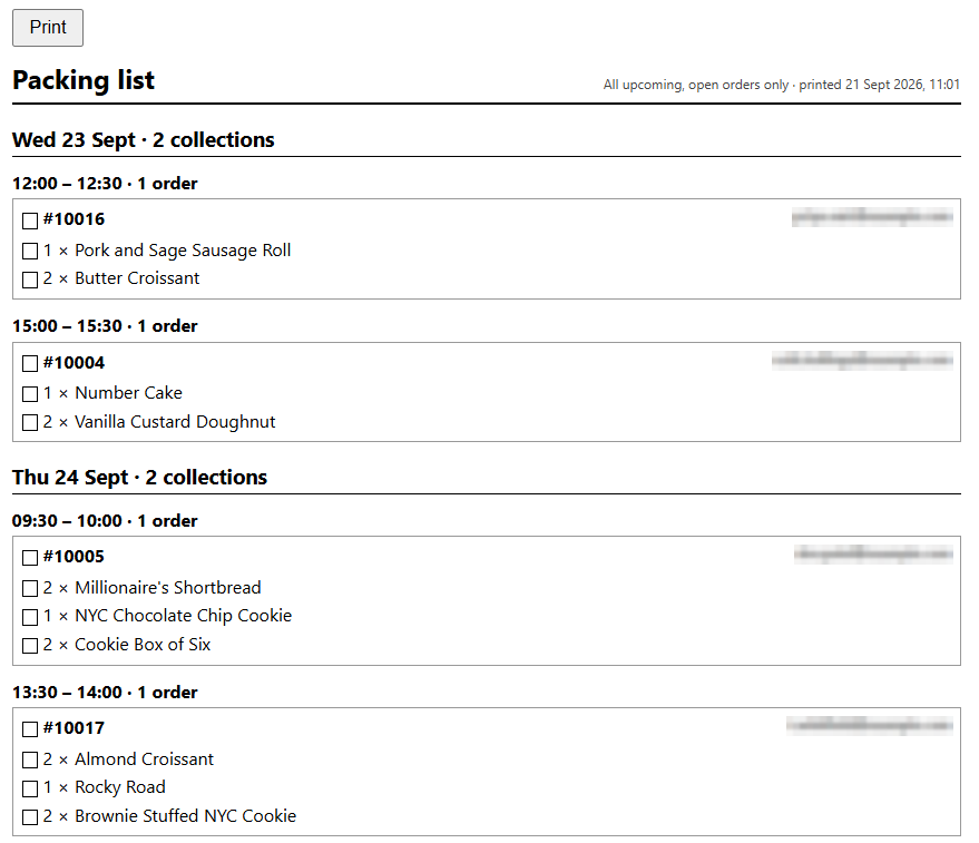 A printable packing list, grouped by collection time, one box per order