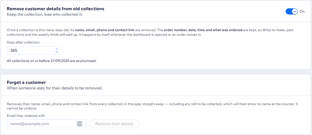 Removing customer details from collections older than 365 days, and forgetting one customer by email