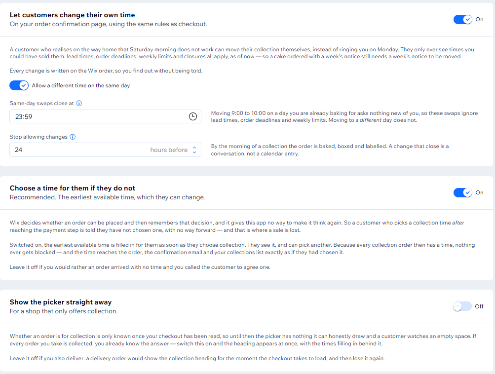 Settings letting customers change their own collection time, with cut-offs for same-day swaps and changes