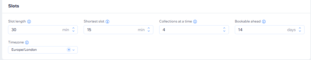 Slot settings: 30-minute slots, 4 collections at a time, bookable 14 days ahead, Europe/London