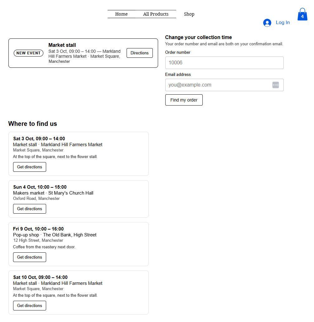 A shop's website with the next-event banner, the change-your-collection-time panel, and the Where to find us list of four upcoming dates