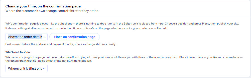 Placing the change-your-time panel on the order confirmation page