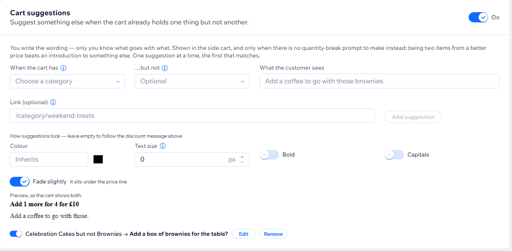 Setting up a cart suggestion with a preview