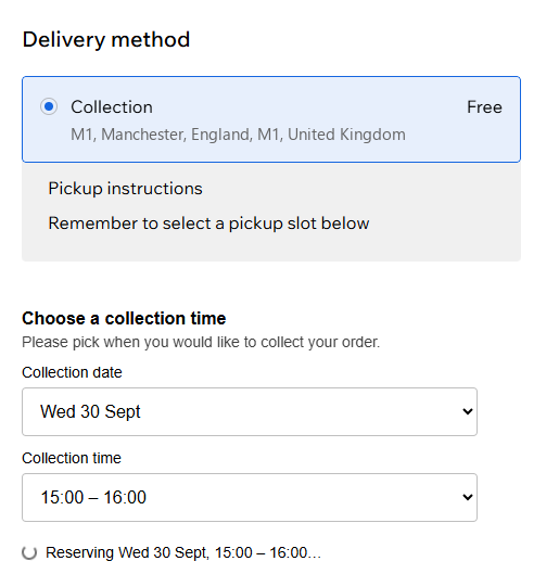 The collection picker in a Wix checkout, under the Collection delivery option