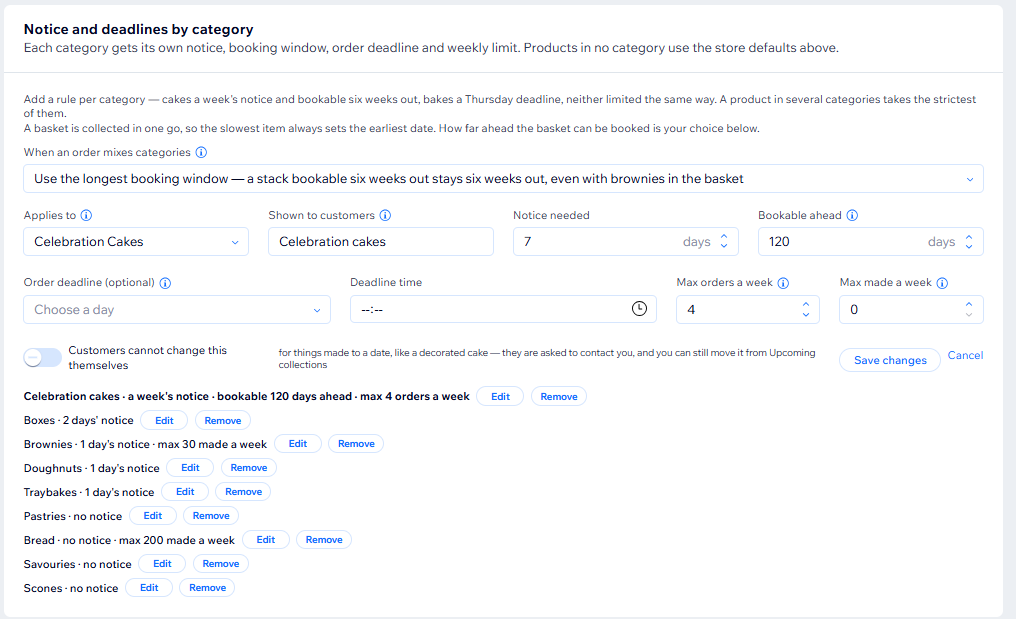 Notice, booking window, deadline and weekly limits set per category